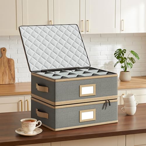 Mug Storage Box, Hard Shell China Organizer with Dividers, Beige, 2 Peice - view 4