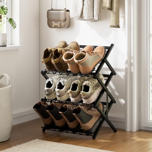 3 Tier Foldable Metal Shoe Rack, Organizer, Black - view 2