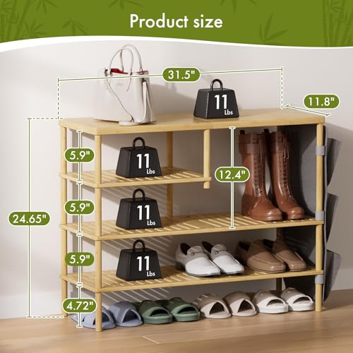 Bamboo Shoe Rack, 4 Tiers Shoe Organizer for Closet, Shoes Storage for 20-24 Pairs, Freestanding Shoe Shelf with Removable Pocket for Entryway Bedroom Front Door Dorm - view 2