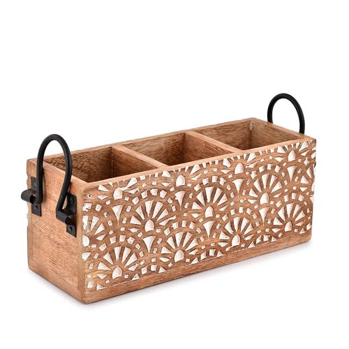 Mango Wood 3 Compartment Multi Purpose Utensil Cutlery Racks for Cutlery, Napkins, Cups Caddy Organizer (11" x 4" x 4.5")