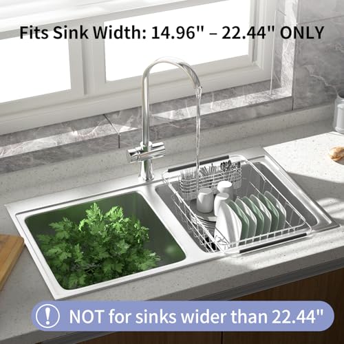 Over Sink Dish Drying Rack, Expandable 14.96"–22.44" Adjustable Dish Rack for Kitchen Sink, 304 Stainless Steel Dish Drainer with Utensil Holder, Space Saving for Most Standard Kitchen Sinks - view 2