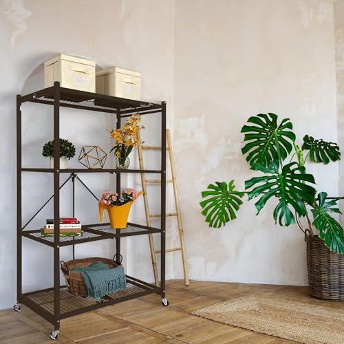 4-Tier Folding Shelf, Storage Organizer Shelves w/Wheels for Home & Office, Brown - view 4