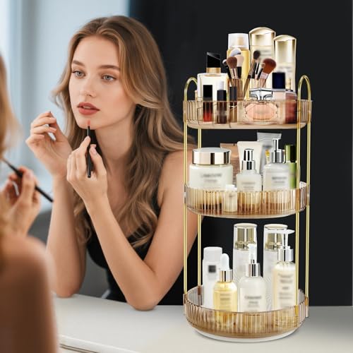 360 Rotating Makeup Organizer, 3 Tier Vanity Counter Storage (Gold) - view 3