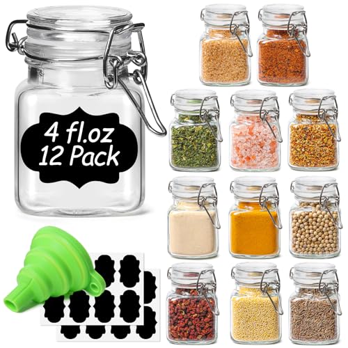 Square Small Glass Spice Jars with Airtight Lids 4 oz 12 Pack Pantry