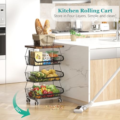 Fruit Basket with Wooden Lid for Kitchen, 4-Tier Stackable Wire Fruit Vegetable Storage Basket Organizer Stand on Wheel, Produce Basket Potato Onion Storage Bins Rack Cart for Pantry - view 2