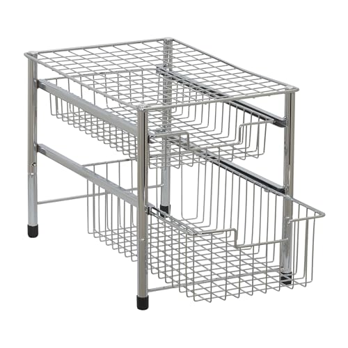 Free Standing Two Basket Sliding Cabinet Organizer with Metal Frame, Silver Finish - view 5