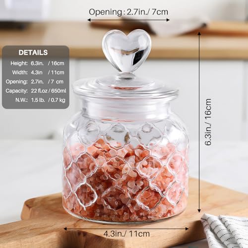 22 oz Clear Glass Canister with Cute Heart shaped Lids Set, Food Storage Glass Jars with Airtight Lids for Kitchen and Dining Room, Grid/Set of 2 - view 2