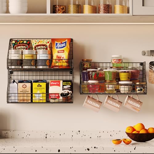 3-Tier Stackable Detachable Snack Organizer (Large Size), Countertop Display/Wall Mounted Shelf with 5 Hooks Wire Basket Snack Shelf for Office Cabinets, Kitchen, Pantry, 11.8x7.8x22 Inch - view 2