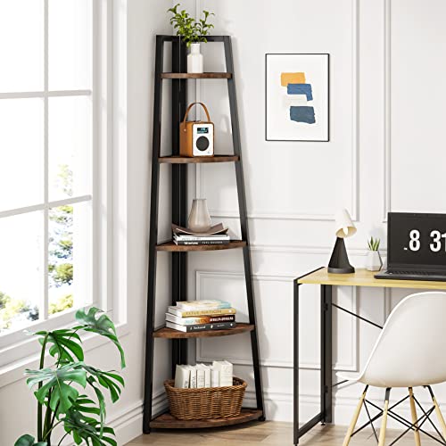 5 Tier Corner Bookshelf and Bookcase, 70 inch Tall Corner Shelves Standing Shelving Unit Indoor Plant Stand for Living Room, Kitchen, Home Office (Brown) - view 4