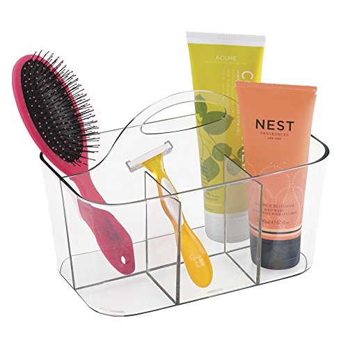 Small Plastic Shower/Bath Storage Organizer Caddy Tote with Handle for Dorm, Shelf, Cabinet - Hold Soap, Shampoo, Conditioner, Combs, Brushes, Lumiere Collection, Clear