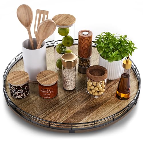 Acacia Wood 18" Lazy Susan Turntable Organizer for Table Top, Farmhouse Large Round Lazy Susan for Cabinet Kitchen Centerpieces Dining Table, for Condiments Charcuterie, Bathroom Vanity Tray Decor