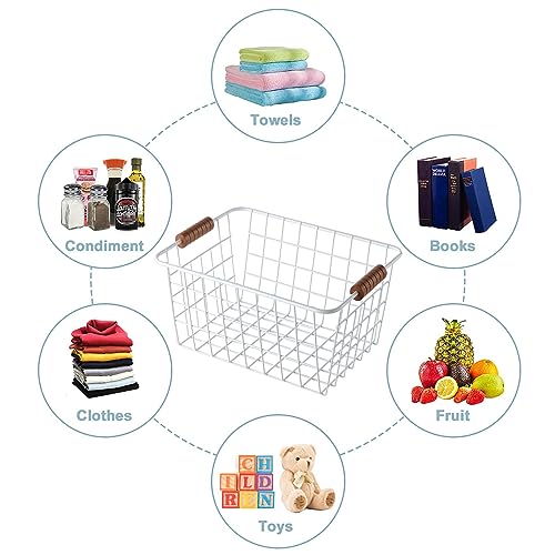 Wire Kitchen Storage Basket 2 Packs,Perfect Pantry Organization Accessories Baskets,Laundry Basket,With a Wooden Handle,Suitable for Kitchen,Bathroom,Bedroom,Tabletop,Stackable,White - view 3