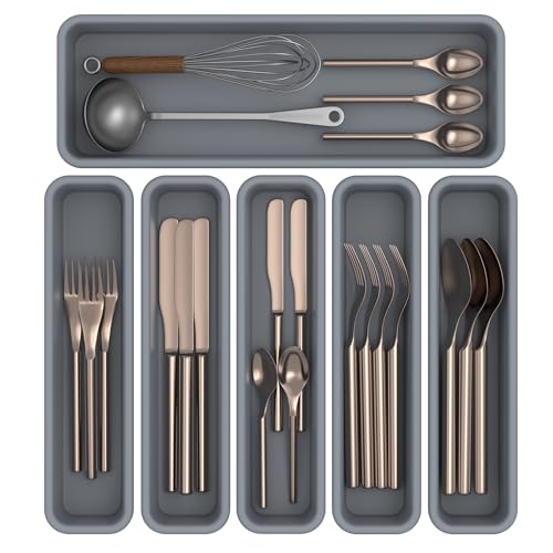 6 Pack Silicone Kitchen Drawer Organizer, DIY Combination Silverware Utensil Tray, Water Repellent, Anti-slip, Heat Resistant to 200°C (Grey)