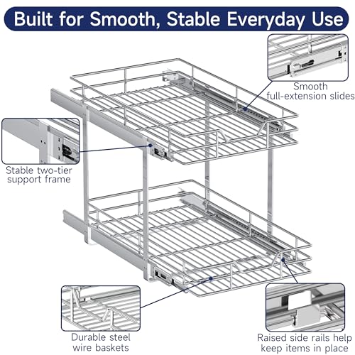 2-Tier Pull Out Cabinet Organizer, 16.5" W x 21.5" D, Heavy Duty Dual Slide Out Shelves for Base Cabinets, Chrome Wire Basket Drawer for Pantry, Kitchen & Bathroom Storage - view 5