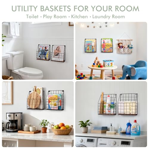 Mail Holder Magazine Basket 2Pack Black Wall Mount File Organizer Wood Rack - view 2
