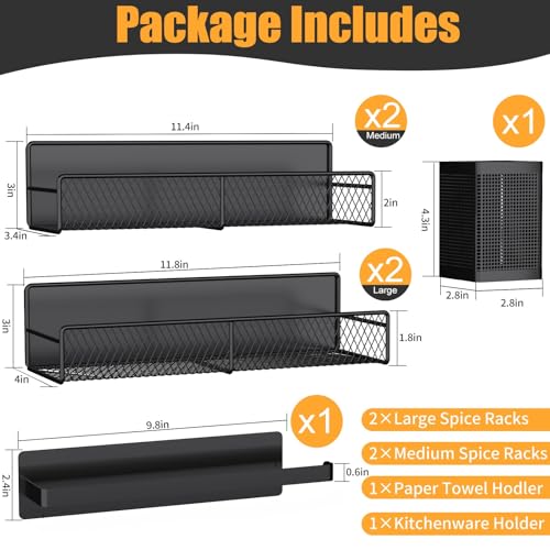 Magnetic Spice Rack for Refrigerator, 6 Pack 100% Metal Strong Magnet Shelf Black, Space Saving Spice Organizer, Home Kitchen Laundry Room Storage Organization W/ Paper Towel Holder, Utensils Racks - view 2