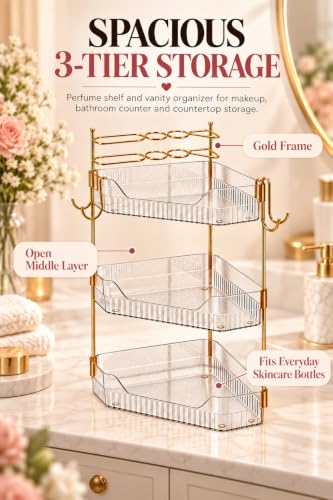 3-Tier Corner Makeup Organizer Countertop, Bathroom Counter Organizer with Removable Brush Holder, Upgraded Shrimmering Vanity Organizer & Shelf for Skincare, Perfume and Bathroom Storage - view 4