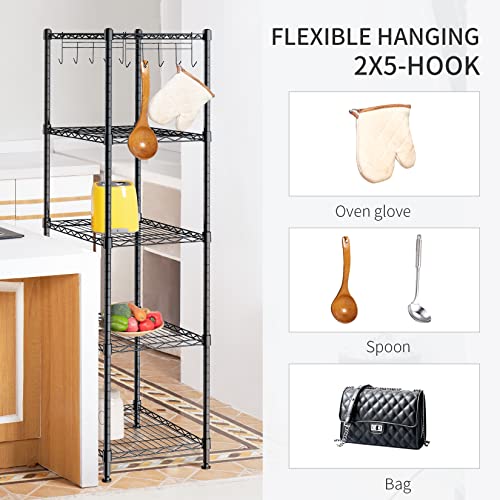 5-Shelf Shelving Storage Unit Multipurpose Heavy Duty Metal Pantry Storage Shelves Wire Rack with Leveling Feet and Hooks Adjustable Shelves for Bathroom Kitchen Garage (23.2Lx13.4Wx59.1H) - view 6