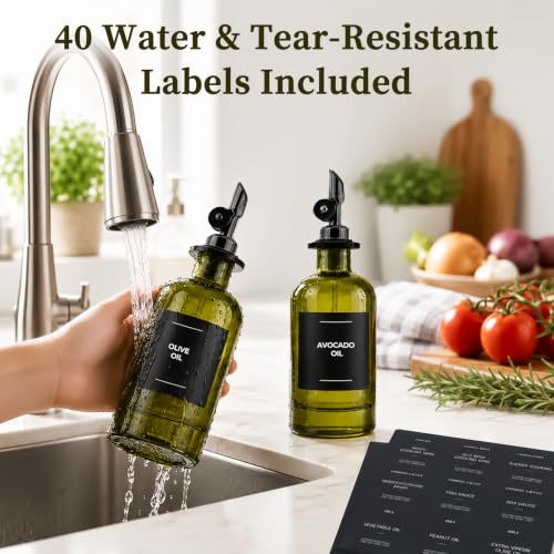 Glass Olive Oil Dispenser Set of 4, 350ml/11.8oz UV-Protected Green Bottles Self-Closing Pourer, Includes 50 Labels, Funnel & Aligner, Oil & Vinegar Dispenser for Kitchen Cooking - view 4