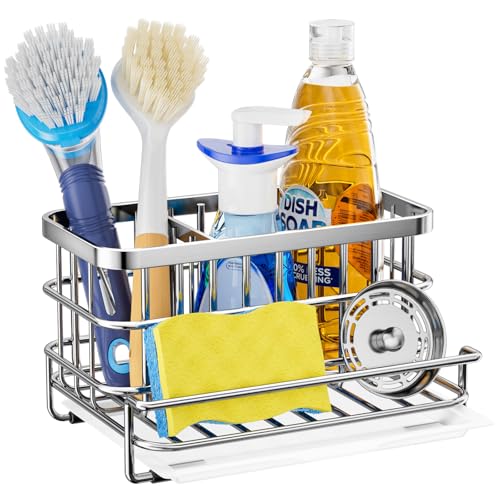 Kitchen Sink Organizer, SUS304 Stainless Steel Rustproof Multifunctional Large Sink Caddy with Sponge Holder and Drain Tray for Kitchen Countertop (Silver)