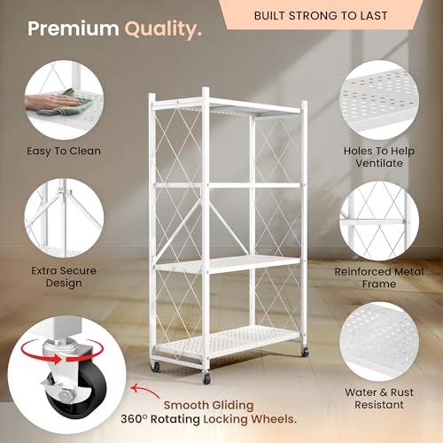 4-Tier Foldable Storage Shelf with Wheels | Metal Rack Collapsible Shelving Display | Rolling Cart for Books Kitchen Storage Shelves | Pantry & Closet Organizer | Office Room Decor - view 3