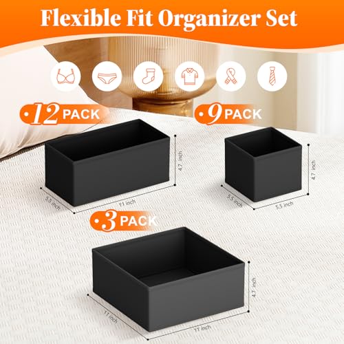 Drawer Organizer Clothes, 24 Pack Drawer Organizers and Underwear Organizer for Nursery, Dividers Clothes Organizer, Closet Organization and Foldable Storage Bins for Sock, Bra, Tie, Black - view 3