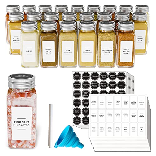 24 Pcs Spice Jars with Labels, Empty 4oz Glass Spice Bottles, Minimalist Farmhouse Spice Labels Stickers with Funnel, Seasoning Containers for Spice Rack, Cabinet and Drawer