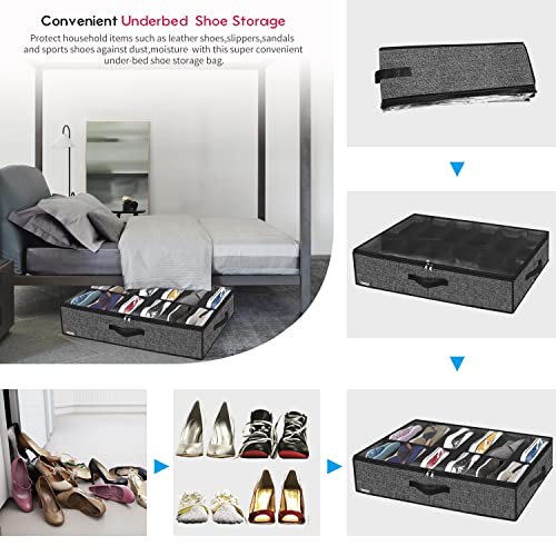 Sturdy Under Bed Shoe Storage Organizer, Set of 2, Fit 12 to 24 Pairs, Underbed Shoes Closet Storage Solution with Clear Window, Breathable, L29.3 x W23.6 x H5.9, Linen-like Black, MXAUBSB2P - view 5
