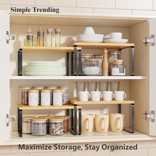 Bamboo Cabinet Organizer Shelf, Set of 2 Kitchen Counter Shelves, Stackable Expandable Spice Rack Kitchen Storage, Black and Natural Beige - view 4