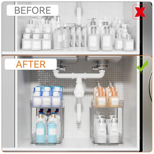 2 Pack Large Pull Out Bathroom Organizers and Storage,2 Tier 12.8″ Tall Sliding Kitchen Under Sink Organizer for Cleaning Products Storage,Acrylic Clear Bathroom inder Sink Organizer,Undersink Storage - view 5