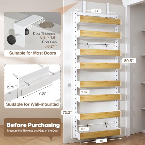 8 Tier Over the Door Pantry Organizer with Adjustable Wooden Baskets, Heavy Duty 2 in 1 Wall Mounted & Hanging Spice Rack for Kitchen, Cabinet and Closet Organization - view 2