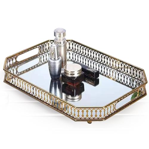 Vintage Gold Mirrored Vanity Tray – Decorative Perfume and Makeup Organizer with Handles for Dresser, Bathroom or Jewelry Display, Large Size 13.8" X 9.6" X2.2"