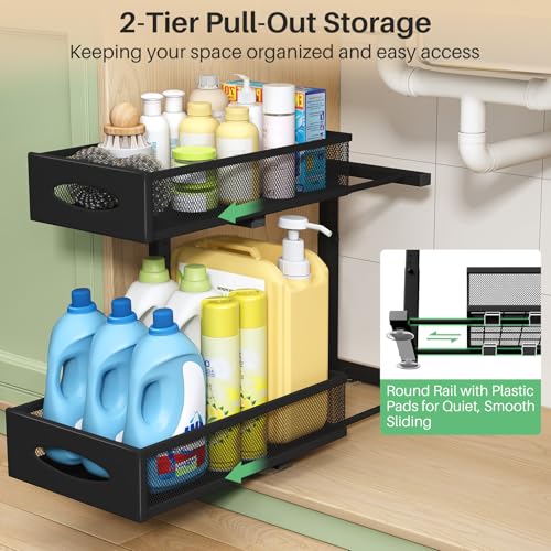 Under Sink Organizer, 2 Tier Pull out Cabinet Organizer Baskets with Mesh Sliding Drawers, Slide out Storage Shelf for Home, Kitchen, Bathroom, Pantry, Office Cabinet, Countertop(1 Pack) - view 3