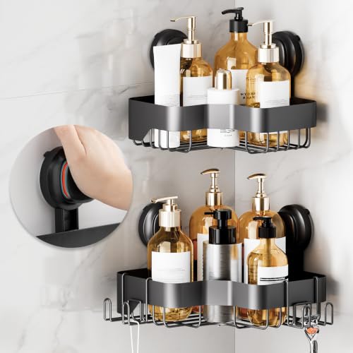Corner Shower Caddy Suction Cup, Black Shower Organizer With Hooks