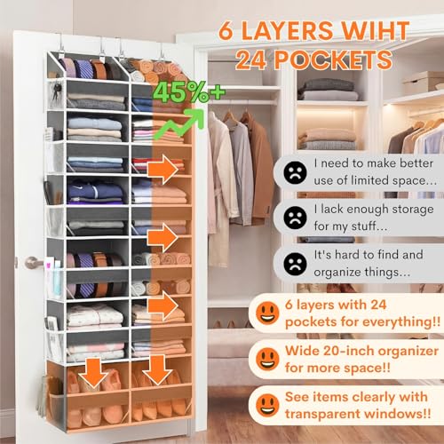Over the Door Organizer 6 Tiers, Extra Large Behind Door Storage of 12 Compartments, 80 lbs Weight Capacity Hanging Storage Organizer with Clear Window Kids Toys, Shoes, Diapers, Room storage - view 2