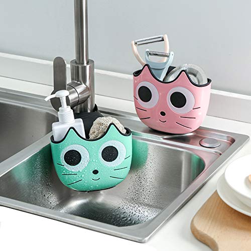 2 PACK Sponge Holder Basket with Buckle,Sink Faucet Caddy Hanging Drain Rack, Gadget Soap Brush Desk Pen Organizer for Kitchen Bathroom,Pink Green