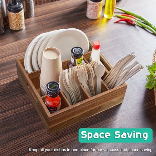 Acacia Wood Utensil Holder for Party - Paper Plate Organizer for Countertop - Silverware Caddy with 6 Compartments for Plate, Cup, Fork, Spoon - Cutlery Holder for Kitchen Camping Buffet - view 5