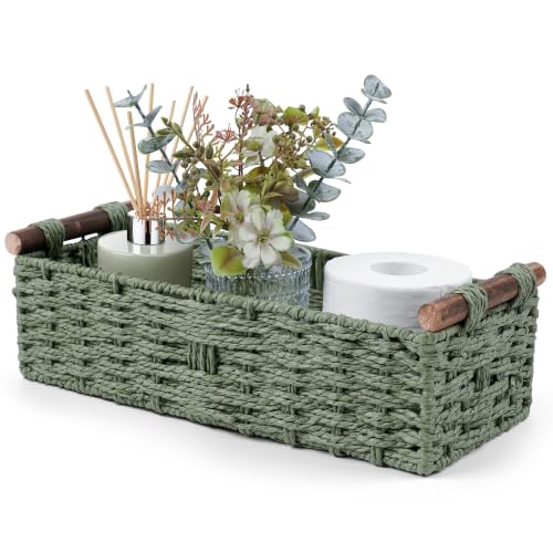 Round Paper Rope Storage Basket Wicker Baskets for Organizing with Handle Decorative Storage Bins for Countertop Toilet Paper Basket for Toilet Tank Top Small Baskets Set,Green