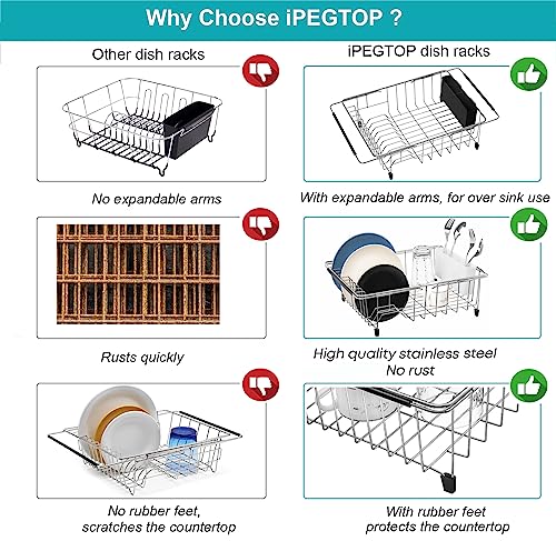 Expandable Multifunctional Dish Drying Rack, Over The Sink, in Sink Or On Counter Dish Drainer Basket Shelf with Black Utensil Silverware Holder, Rustproof Stainless Organizer - view 6
