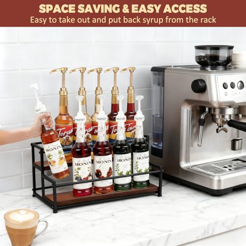 Coffee Syrup Rack Organizer, 2-Tier 10 Syrup Bottles Holder for Coffee Bar,Liquor Bottle Display Shelf,Wine Rack - Rustic Kitchen Cabinet for Spices, Jars - Stepped Pantry Shelf for Wine, Spice & Tea - view 2