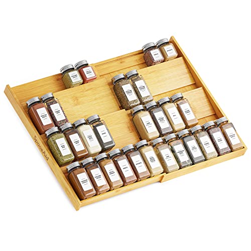 Bamboo Spice Drawer Organizer, (Need 3" Deep Drawer) Expandable 4 Tier Spices Rack for Cabinet, Kitchen Seasoning Storage Insert (Jars Not Included, From 12" to 23" Wide)