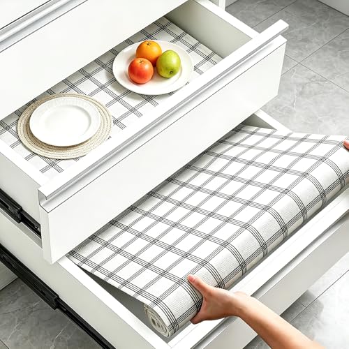 Shelf and Drawer Liner for Kitchen Cabinet, 12in x 10FT Waterproof Washable Thickened Shelf Paper Easy Liners for Bathroom with Knife Tape Measure, Plaid