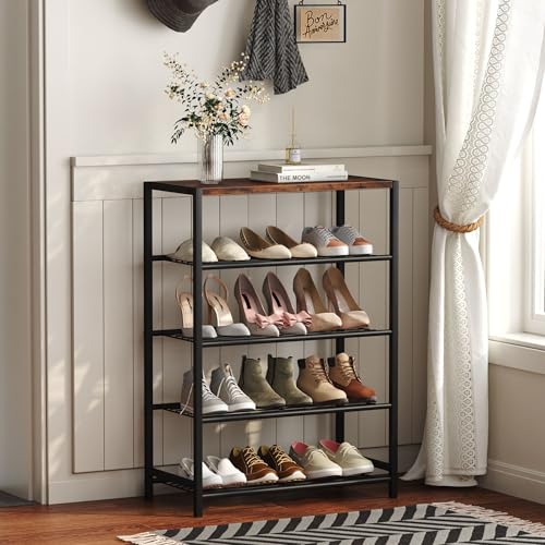 Shoe Rack Organizer, 5 Tier Industrial Shoe Storage Shelf, Narrow Sturdy Metal Shoe Shelves for Closet Entryway, Rustic Brown - view 2