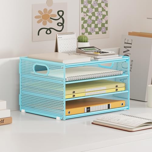 4 Tier Paper Organizer with Handle,Letter Tray Blue Desk Organizer Set - view 6