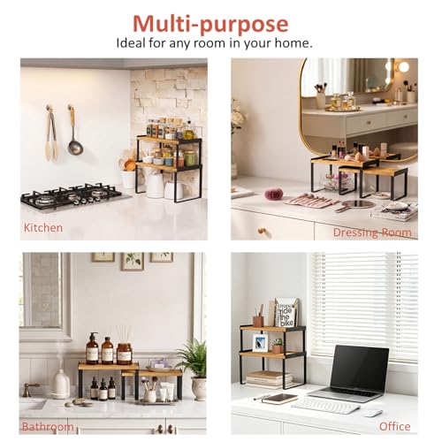 Cabinet Shelf Organizer Set of 4, Kitchen Counter Shelf Riser for Plates Dishes Cups Mugs Spices, Pantry Cupboard Cabinet Organizers and Storage Shelves Rack Insert for Countertop (Bamboo Wood) - view 5