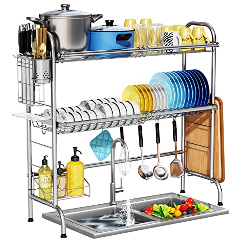 Stainless Steel 2-Tier Over The Sink Dish Drying Rack with Utensil Holder, Large, for Kitchen Counter