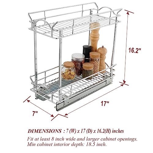Slide Out Cabinet Organizer for Narrow Cabinet (7" W X 17" D), 2 Tier Pull Out Shelves Slim Sliding Cabinet Organizer and Storage, Chrome - view 2