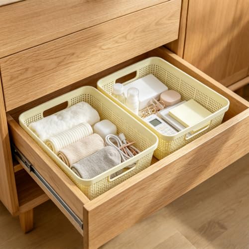 Plastic Storage Baskets, Small Pantry Baskets for Organizing, Woven Basket Organizer Basket Bins for Shelves, Organizer and Storage for Bathroom, Bedrooms, Kitchens (Milky white) - view 5