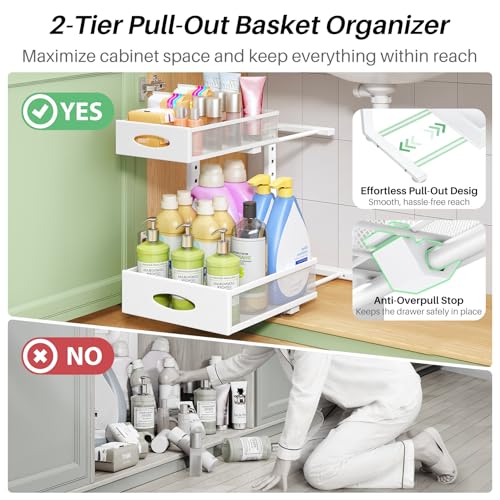 Under Sink Organizer, 2-Pack Pull Out Cabinet Organizer 2 Tier Metal Slide Out Storage Shelf Rack, L-Shaped Adjustable Height,Mesh Sliding Drawer for Kitchen, Bathroom, Laundry, Pantry, White, XL - view 4