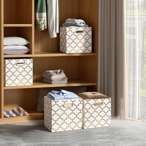 11x11x11 Storage Cube Bins, Collapsible Storage Bins Fabric Storage Cubes Organizer Baskets Box Drawers for Shelves, Closet, Wardrobe, Bookshelf, Cabinet, Cream/Gold Lantern, 4 Pack - view 7